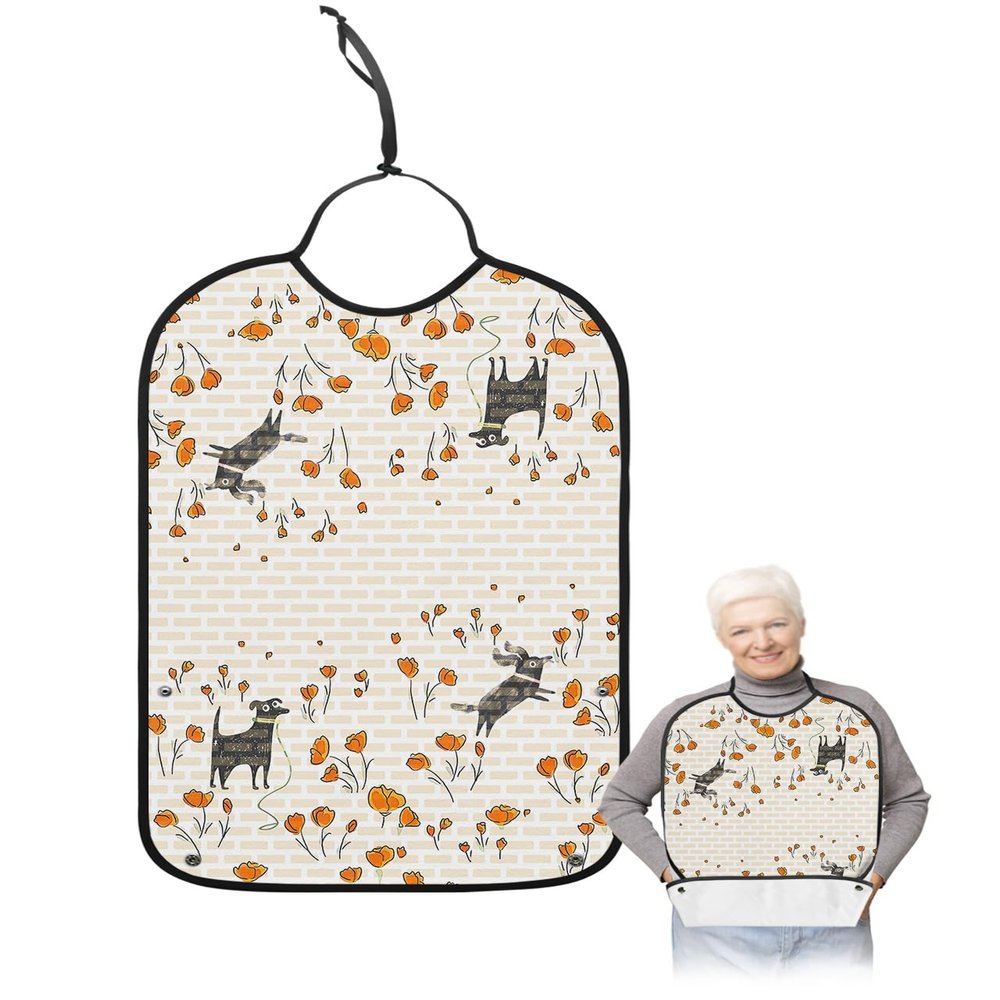Dog Flower Adult Bib for Adults Men,Women,Washable & Adjustable Terry Cloth Bib with Crumb Catcher Reusable Waterproof Clothing Clothes Protector Apron Modern Geometric Brick Wall Minimalist Pink Red