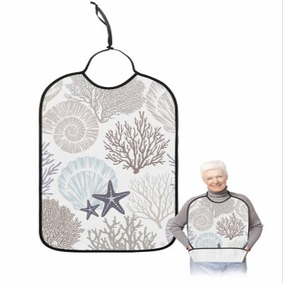 Summer Beach Coral Adult Bib for Adults Men, Women, Washable & Adjustable Terry Cloth Bib with Crumb Catcher Reusable Waterproof Clothing Clothes Protector Apron Minimalist Grey Coral Shell Starfish