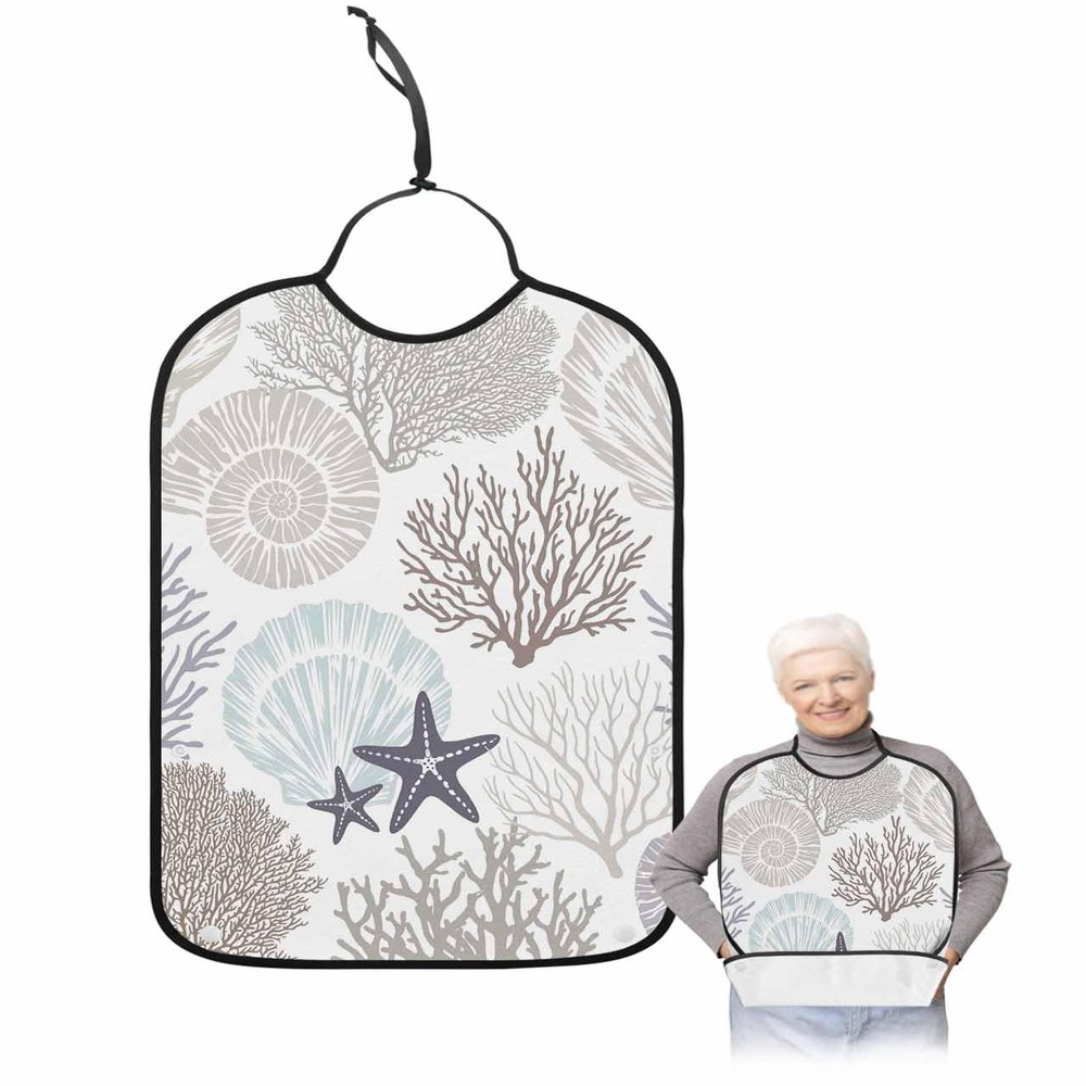 Summer Beach Coral Adult Bib for Adults Men, Women, Washable & Adjustable Terry Cloth Bib with Crumb Catcher Reusable Waterproof Clothing Clothes Protector Apron Minimalist Grey Coral Shell Starfish