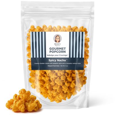 Renes Spicy Nacho Gourmet Popcorn  Wisconsin cheddar cheese blended with Jalapeo spice for a treat thats zesty on fresh popped corn, snack or gift  resealable, 5oz bag.
