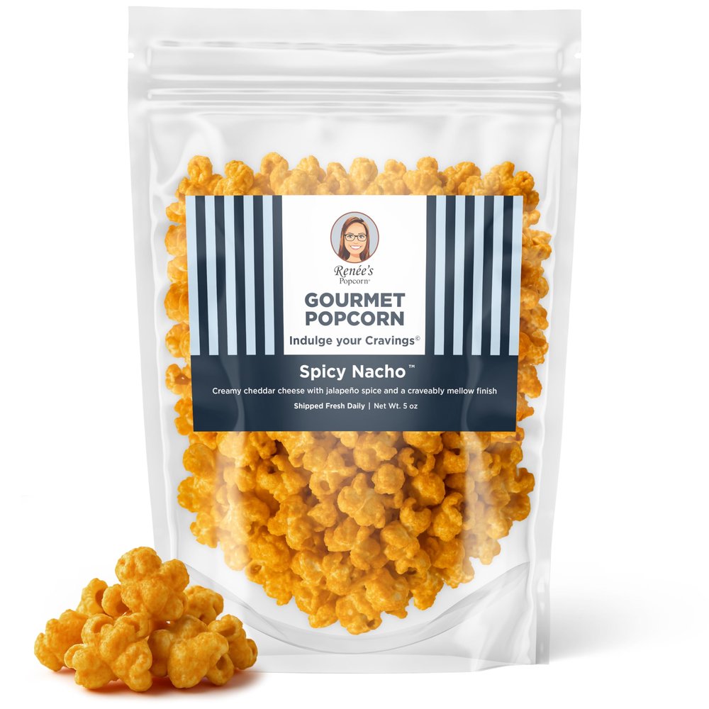 Renes Spicy Nacho Gourmet Popcorn Wisconsin cheddar cheese blended with Jalapeo spice for a treat thats zesty on fresh popped corn, snack or gift resealable, 5oz bag.