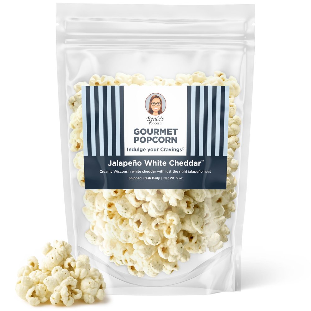 Renes Jalapeo White Cheddar Gourmet Popcorn Wisconsin white cheddar meets bold yet mild jalapeo heat on fresh popped corn, snack or gift resealable, 5oz bag.