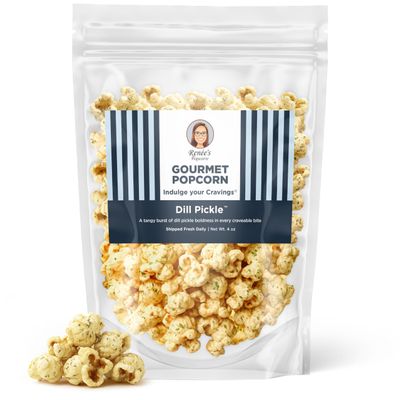 Renes Dill Pickle Gourmet Popcorn - tangy and tart just like the pickles, this savory and crunchy bold flavor delights on handmade fresh popped corn, snack or gift  resealable, 4oz bag.