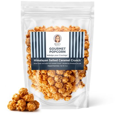 Renes Himalayan Salted Caramel Crunch Gourmet Popcorn - buttery Caramel Crunch and pink Himalayan sea salt on fresh popped corn, snack or gift  resealable, 9oz bag.