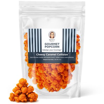Renes Cheesy Caramel Collision Gourmet Popcorn  buttery caramel corn drenched in bold Wisconsin cheddar cheese  satisfies sweet and cheesy popcorn cravings  9 oz bag for snack or gift.