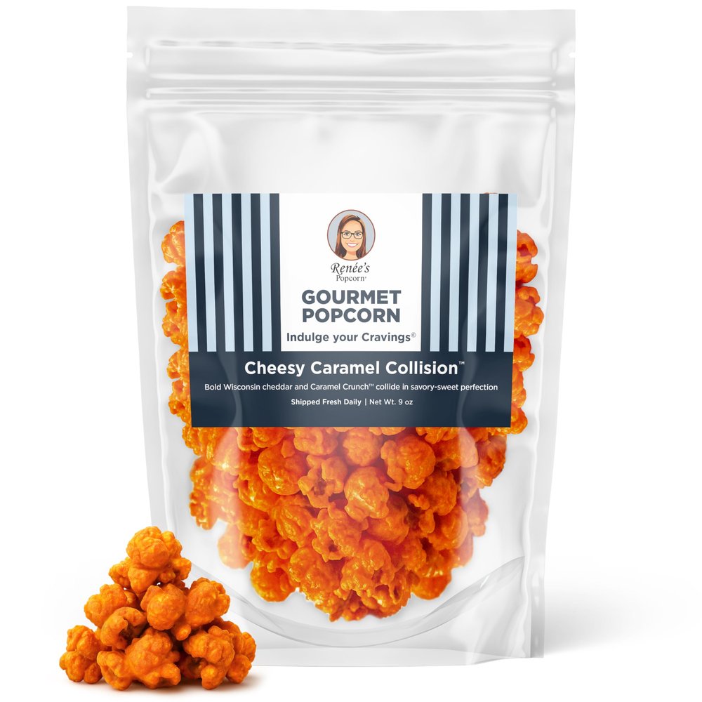 Renes Cheesy Caramel Collision Gourmet Popcorn  buttery caramel corn drenched in bold Wisconsin cheddar cheese  satisfies sweet and cheesy popcorn cravings  9 oz bag for snack or gift.