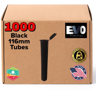 1000 Black 116mm Pop Top Tubes, BPA-Free Tube Vial USA-Made Holder Container - Biocompatible - Child Resistant - Evo Plastics