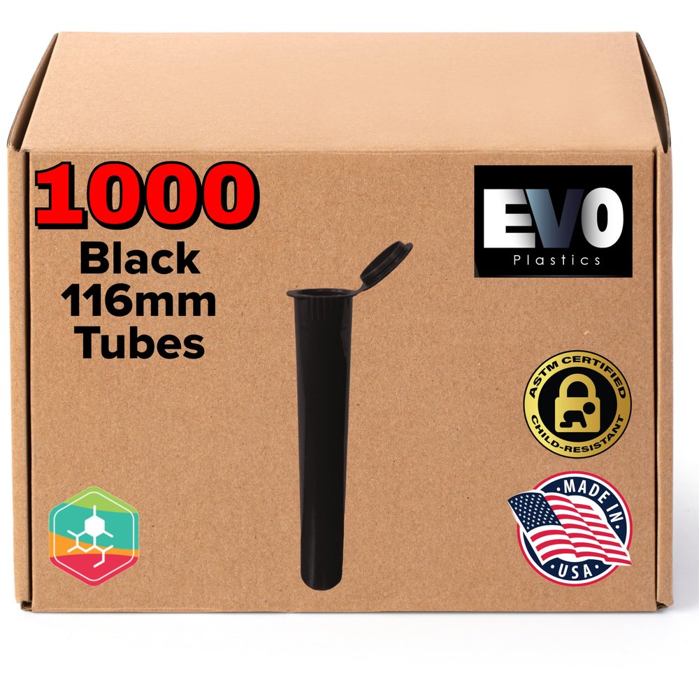 1000 Black 116mm Pop Top Tubes, BPA-Free Tube Vial USA-Made Holder Container - Biocompatible - Child Resistant - Evo Plastics