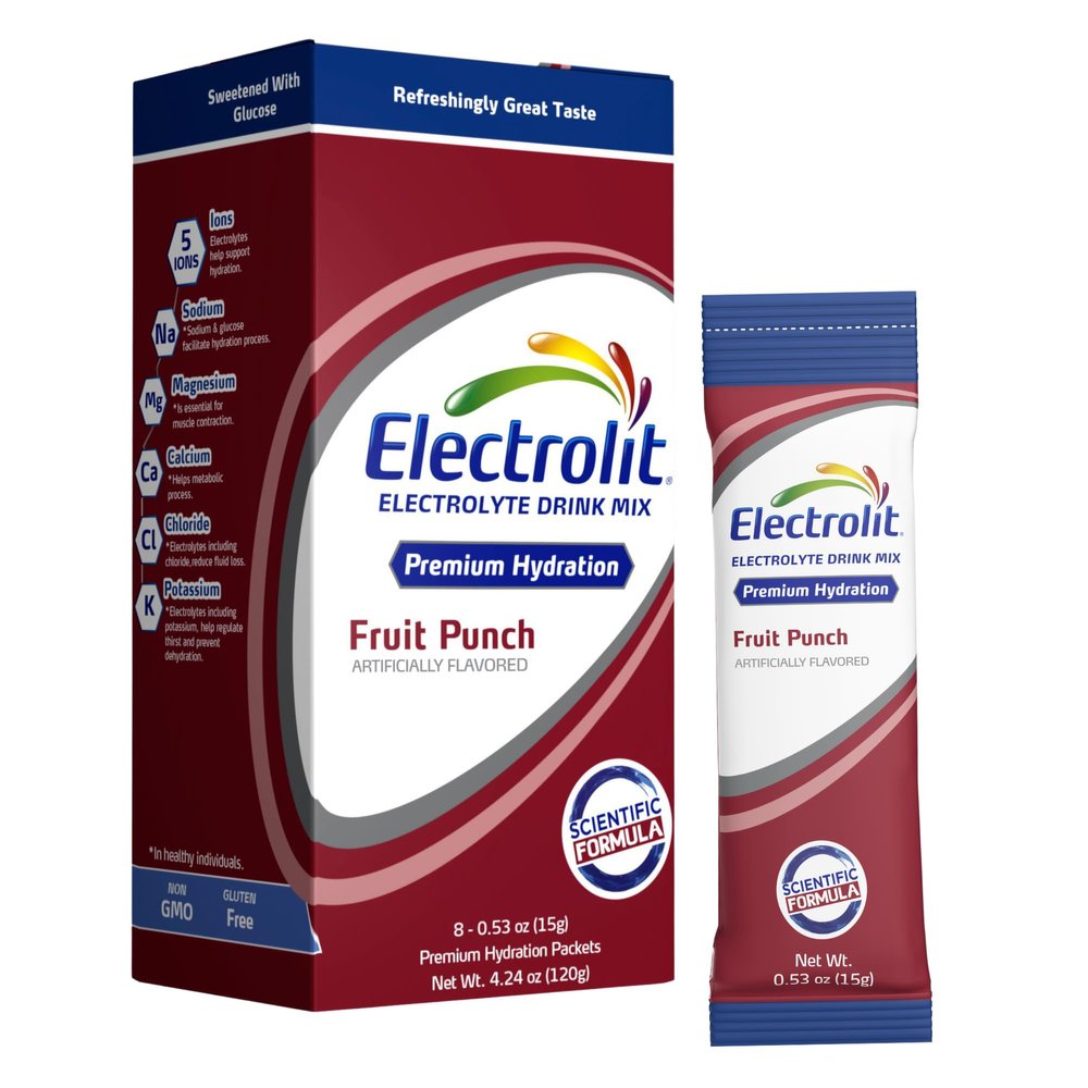 Electrolit Electrolytes Powder Packets, Fruit Punch 8 Pack, Powdered Hydration Packets for Dehydration & Rehydration, Post Workout Flavored Hydrating Drink Mix, Gluten Free Daily Water Enhancer Sticks