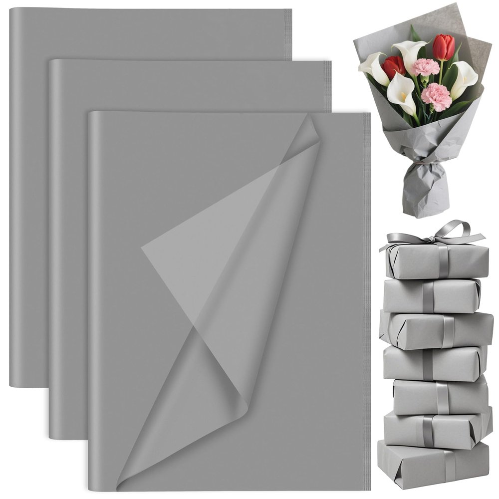 60 Sheets Grey Tissue Paper Bulk, PLULON Gift Wrapping Tissue Paper for Packaging 14 x 20 Inch Art Crafts for Gift Bags Decorative Floral Wedding Birthday Party Decor