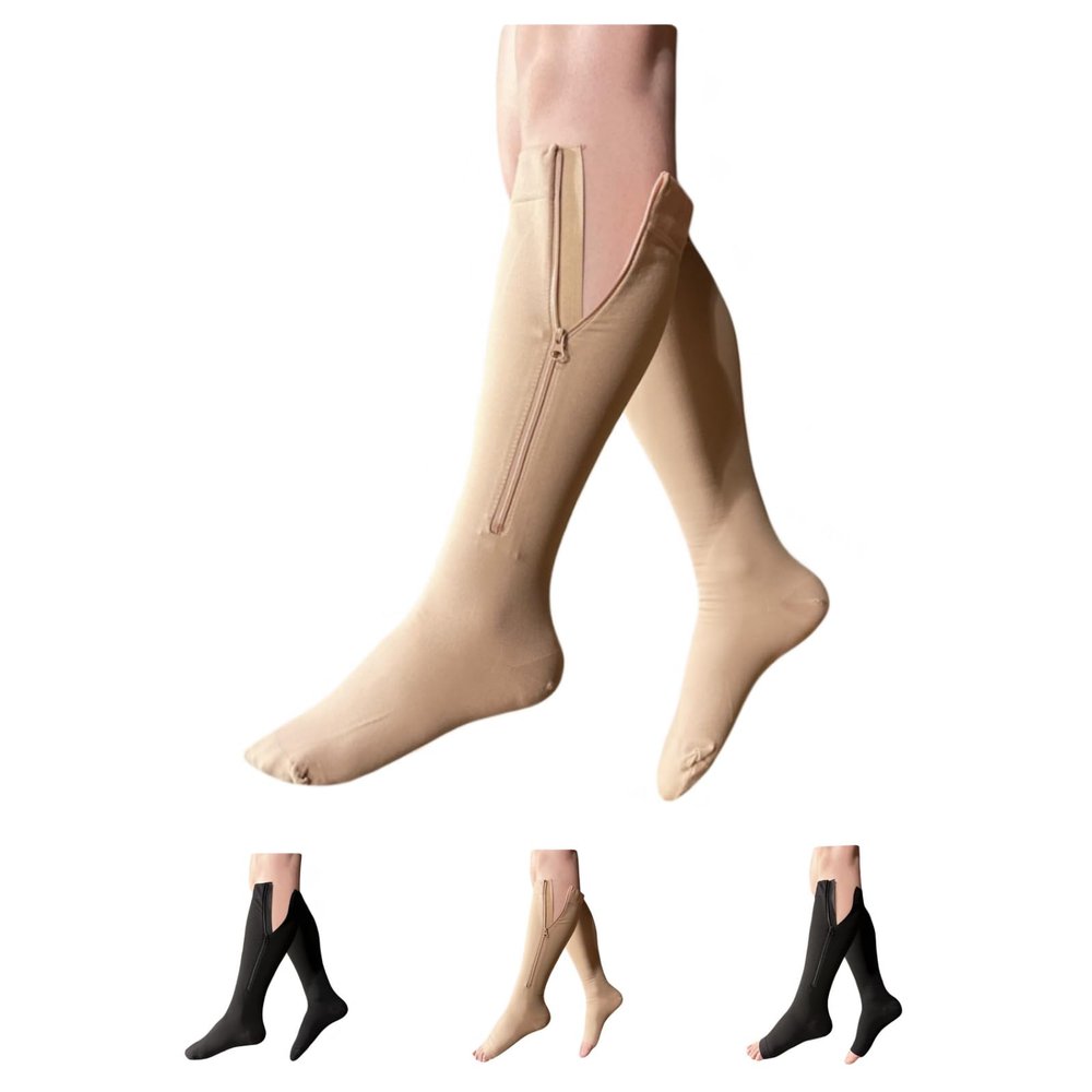 HealthyNees 30-40 mmHg Extra Firm Compression Closed Open Toe Wide Zipper Socks (2X-Large, Closed Toe Nude)