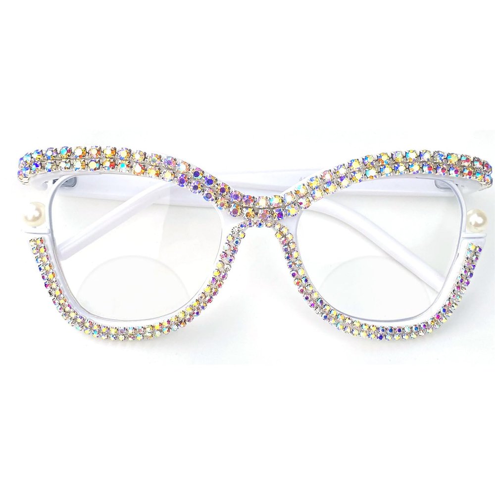 mincl Cat Eye Rhinestone Reading Glasses Bifocal Reading Glasses for Women Stylish bling Magnifying Blue Light Readers (white, 3, multiplier_x)