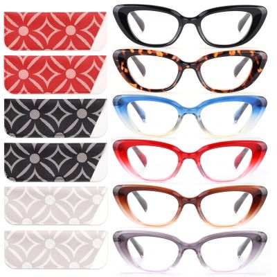 CHOFILORD 6 Pack Cat Eye Reading Glasses for Women Fashion Cute Blue Light Blocking Computer Readers Spring Hinge (A 6C Mixed, 0.00, x)