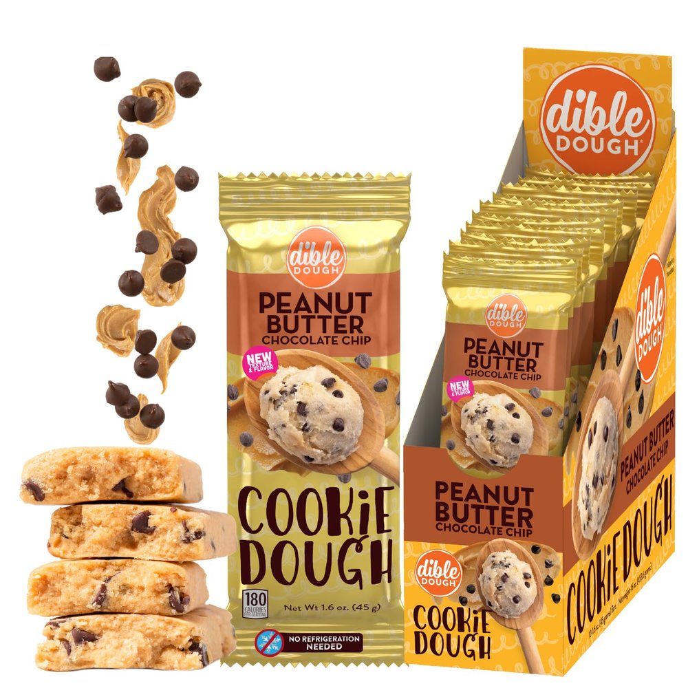 Dible Dough Edible Cookie Dough Bars, All Natural Ingredients, Low Calorie Healthy Snacks - 180 Calories per Serving, Non-refrigerated Snack Bars, 10-Pack (Peanut Butter Chocolate Chip)