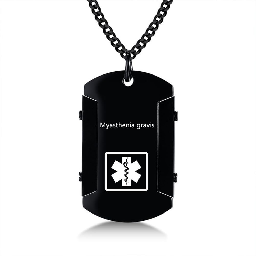 AMRECH Medical Alert ID Necklace for Men,Laser Engraved Myasthenia gravis Stainless Steel Tag Pendant Necklaces Emergency Identification First Aid-Customizable
