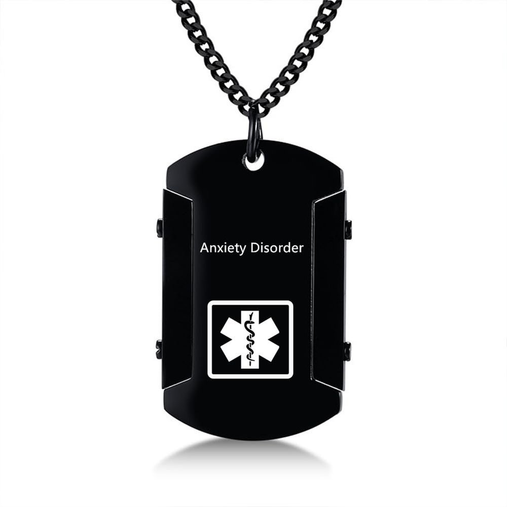 AMRECH Medical Alert ID Necklace for Men,Laser Engraved Anxiety Disorder Stainless Steel Tag Pendant Necklaces Emergency Identification First Aid-Customizable