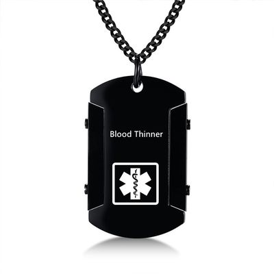 AMRECH Medical Alert ID Necklace for Men,Laser Engraved Blood Thinner Stainless Steel Tag Pendant Necklaces Emergency Identification First Aid-Customizable