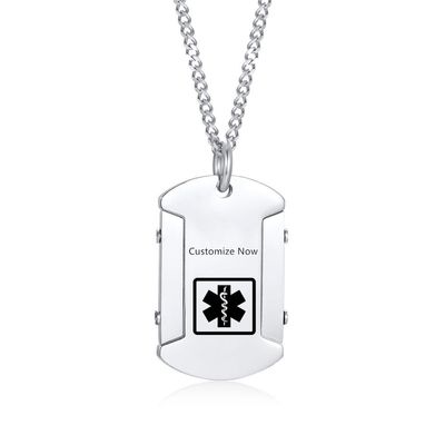 AMRECH Personalized Medical Alert ID Necklace for Men,Laser Engraved Stainless Steel Tag Pendant Necklaces Emergency Identification First Aid-Free Engraving