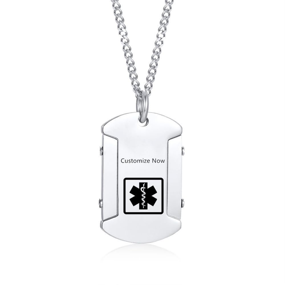 AMRECH Personalized Medical Alert ID Necklace for Men,Laser Engraved Stainless Steel Tag Pendant Necklaces Emergency Identification First Aid-Free Engraving