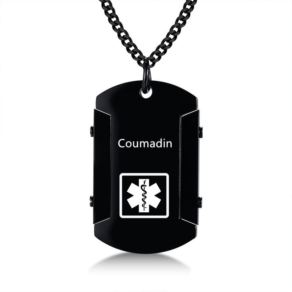 AMRECH Medical Alert ID Necklace for Men,Laser Engraved Coumadin Stainless Steel Tag Pendant Necklaces Emergency Identification First Aid-Customizable