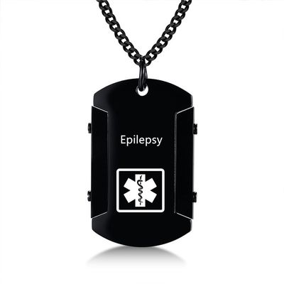 AMRECH Medical Alert ID Necklace for Men,Laser Engraved Epilepsy Stainless Steel Tag Pendant Necklaces Emergency Identification First Aid-Customizable