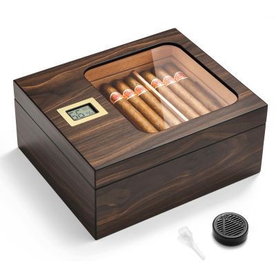 Cigar Humidor, Modern Glass Top Cedar Humidor Cigar Box with Digital Hygrometer, Humidifier, Handcrafted Cedar Wood Tray and Divider, Cigar Case Holds 25-50 Cigars, Cigar Accessories for Men