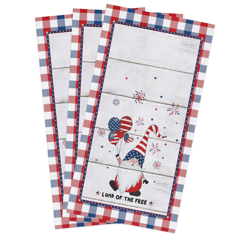 Savannan Kitchen Dish Cloths, Independence Day Land of The Free Gnome Flag Balloon Wood Red Blue Plaid Ultra Soft Absorbent Dish Towels for Drying Dishes Quick Drying Towels Dish Rags 3 Pack