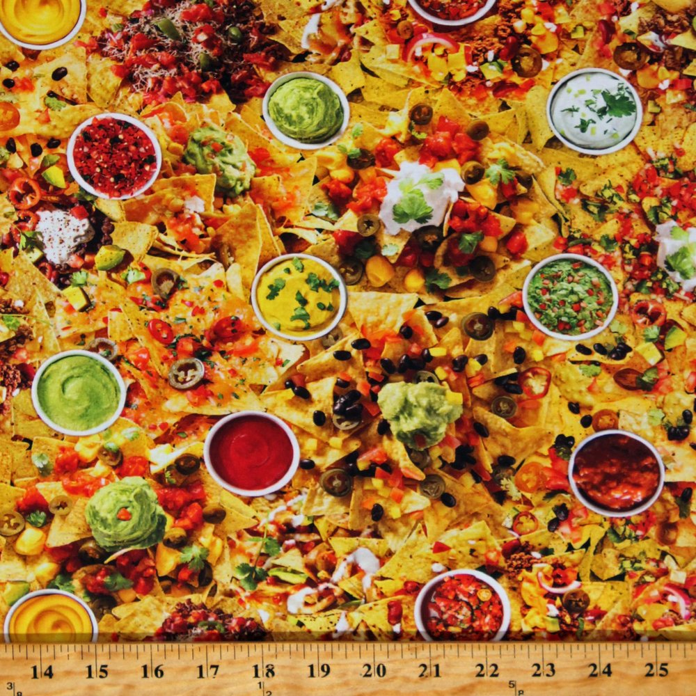 Cotton Loaded Nachos Supreme Tortilla Chips Salsa Guacamole Pico de Gallo Mexican Food in Queso Emergency Cotton Fabric Print by The Yard (FOOD-CD2214-MULTI)