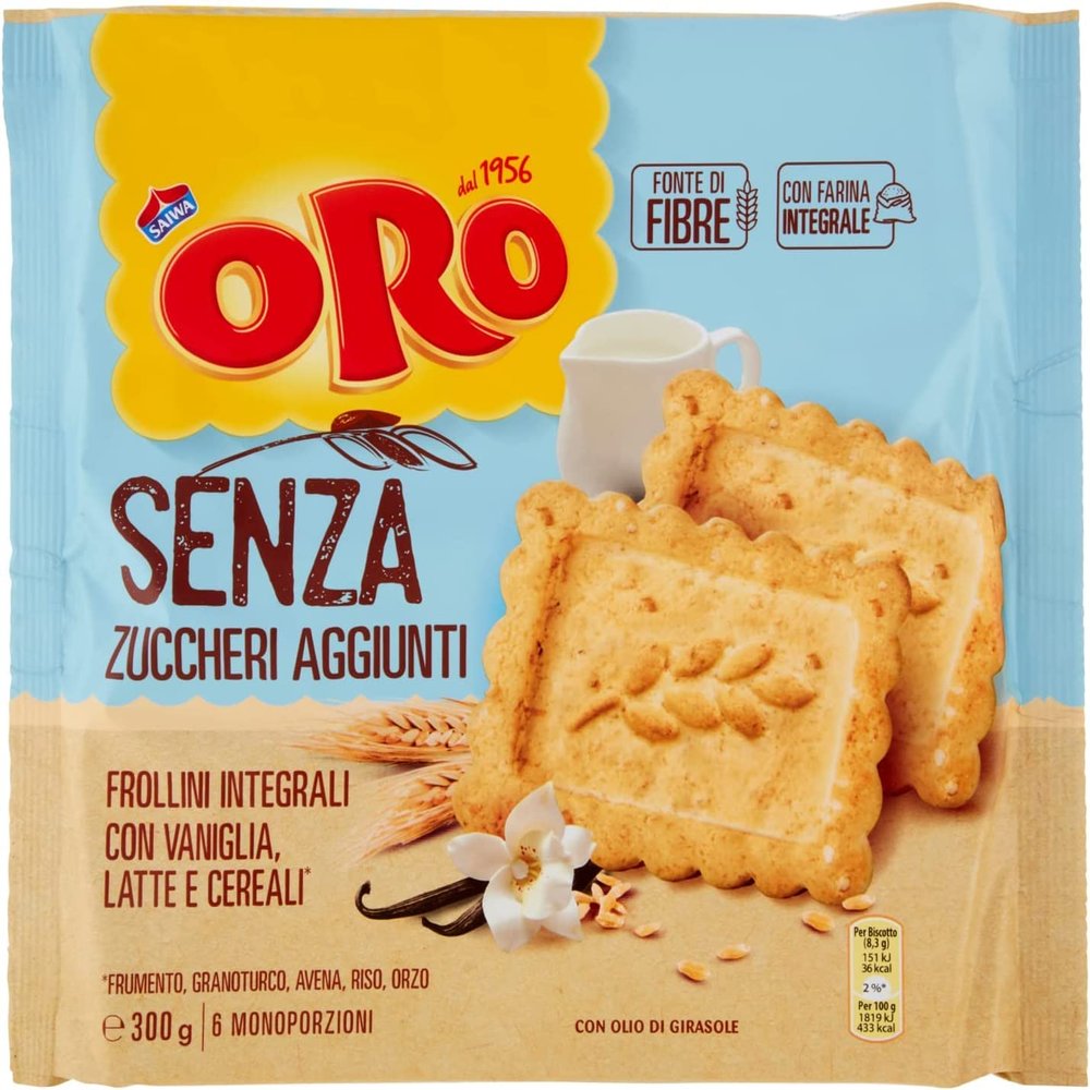 CAIYA Oro Saiwa Biscotti Frollini Intergali con Vaniglia, Latte e Cereali Senza Zuccheri Aggiunti 300g