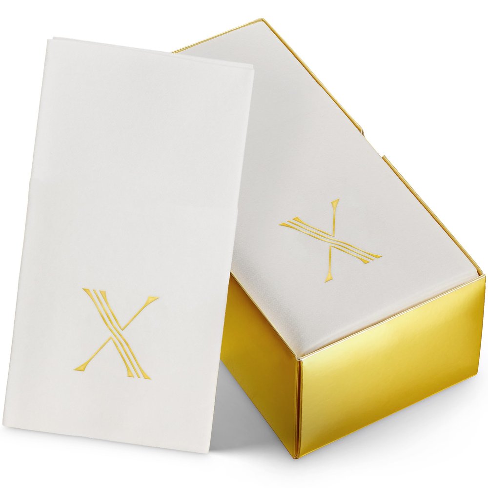 Linen-Feel Mongrammed Napkins Paper, 50-Pack 12" x 17" Gold Foil Letter X Napkins Disposale, Initial Guest Towels For Wedding, Bathroom, Party, Baby Shower, Or Event