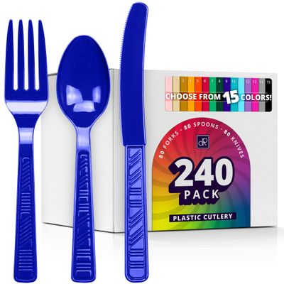 DecorRack Plastic Cutlery Set, Royal Blue Colored Plastic Silverware Sets for Parties, 240 Piece Bulk Heavy Duty Utensils (Royal Blue, 240 Pieces)