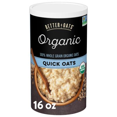 Better Oats Organic Quick Oats, Organic Oats for Quick Oatmeal and Overnight Oats, Certified USDA Organic, Sodium Free, Cholesterol Free, 16 OZ Resealable Canister