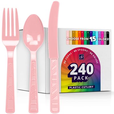 DecorRack Plastic Cutlery Set, Pink Colored Plastic Silverware Sets for Parties, 240 Piece Bulk Heavy Duty Utensils (Pink, 240 Pieces)