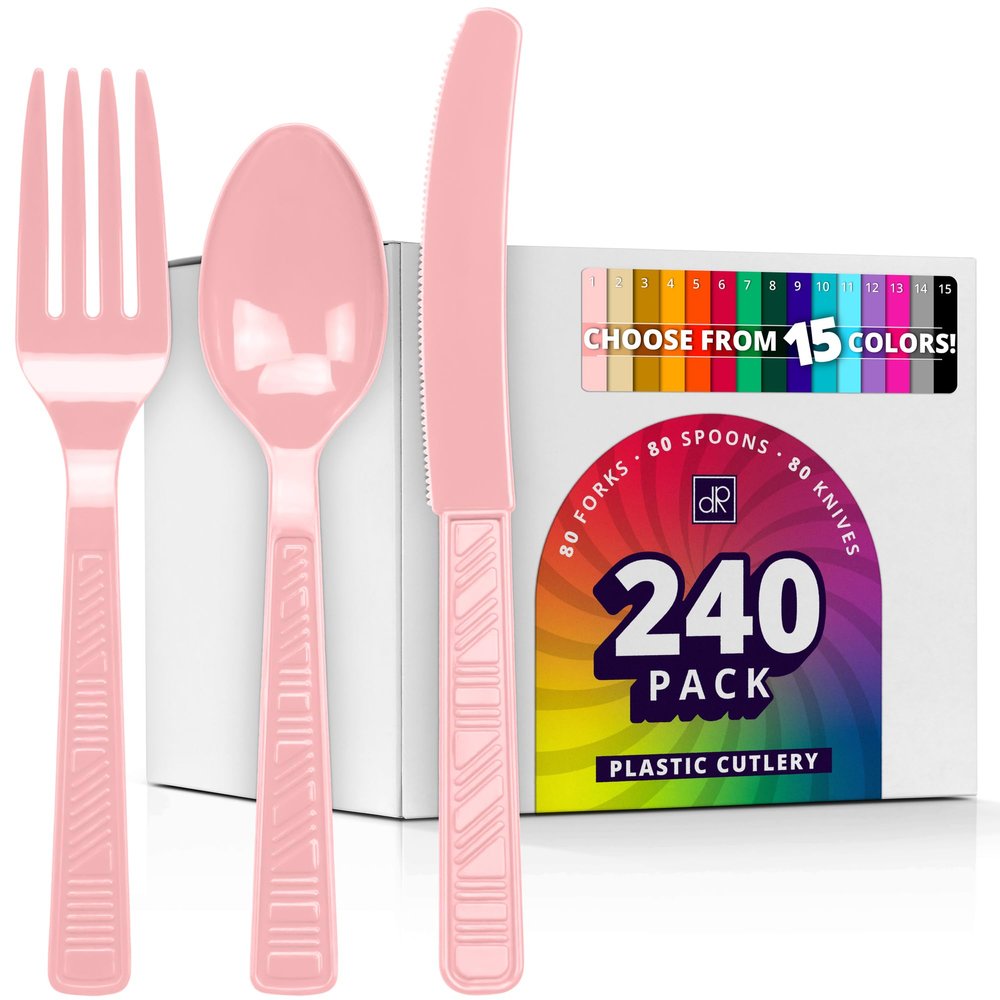 DecorRack Plastic Cutlery Set, Pink Colored Plastic Silverware Sets for Parties, 240 Piece Bulk Heavy Duty Utensils (Pink, 240 Pieces)
