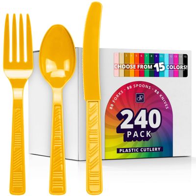 DecorRack Plastic Cutlery Set, Yellow Colored Plastic Silverware Sets for Parties, 240 Piece Bulk Heavy Duty Utensils (Yellow, 240 Pieces)