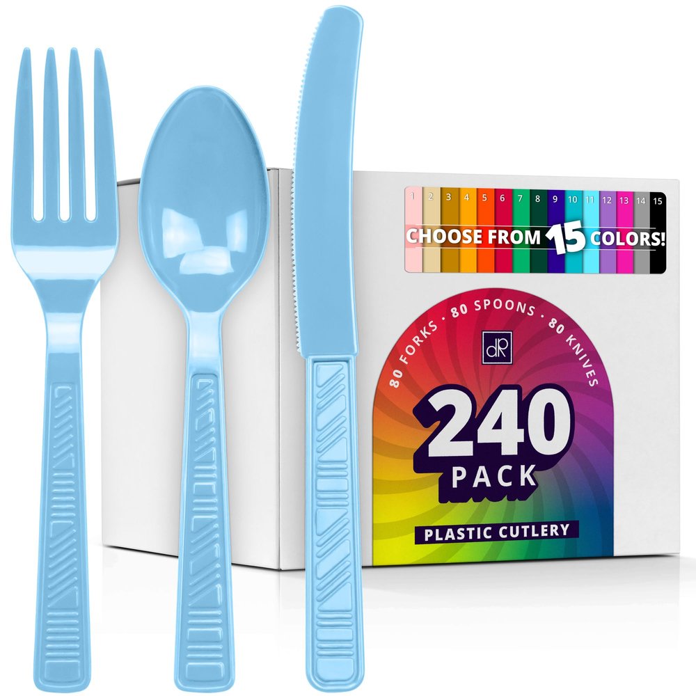 DecorRack Plastic Cutlery Set, Light Blue Colored Plastic Silverware Sets for Parties, 240 Piece Bulk Heavy Duty Utensils (Light Blue, 240 Pieces)
