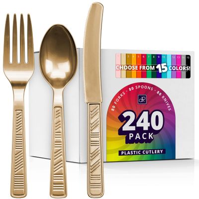 DecorRack Plastic Cutlery Set, Gold Colored Plastic Silverware Sets for Parties, 240 Piece Bulk Heavy Duty Utensils (Gold, 240 Pieces)