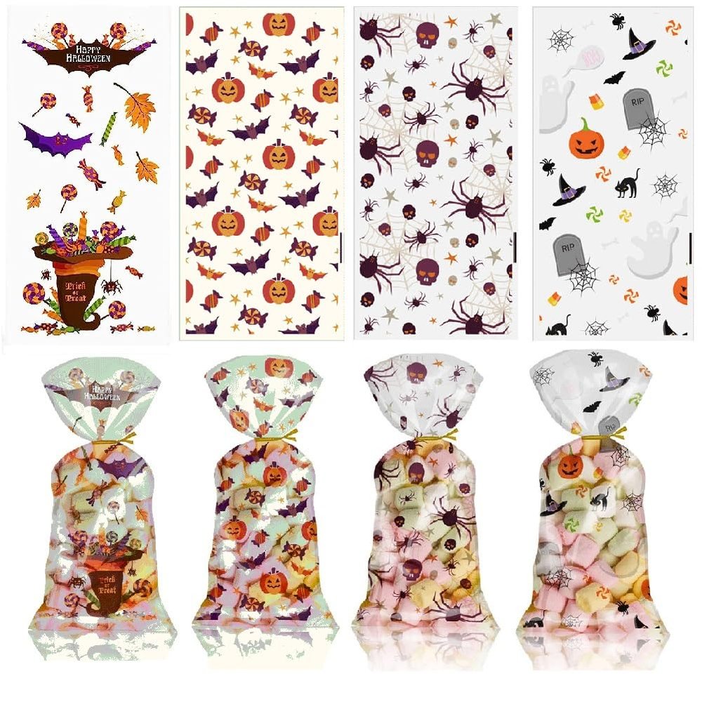 Ai-Fun 100 Packs Holidays Cellophane Bags Plastic Candy Treat Bags Gift Pack Goodie Bag with Twist Ties for Halloween, Christmas, Valentine's Day Party Favors (Halloween)