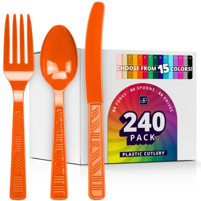 DecorRack Plastic Cutlery Set, Orange Colored Plastic Silverware Sets for Parties, 240 Piece Bulk Heavy Duty Utensils (Orange, 240 Pieces)