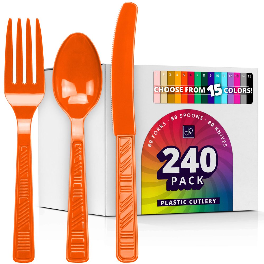 DecorRack Plastic Cutlery Set, Orange Colored Plastic Silverware Sets for Parties, 240 Piece Bulk Heavy Duty Utensils (Orange, 240 Pieces)