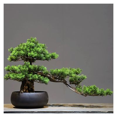 Fake Plants Artificial Welcome Pine Bonsai,13 Inch Zen Micro Landscape OrnamentFake Trees for Conference Room Exhibition Hall Rackwith Cleaning Brush Bonsai Tree