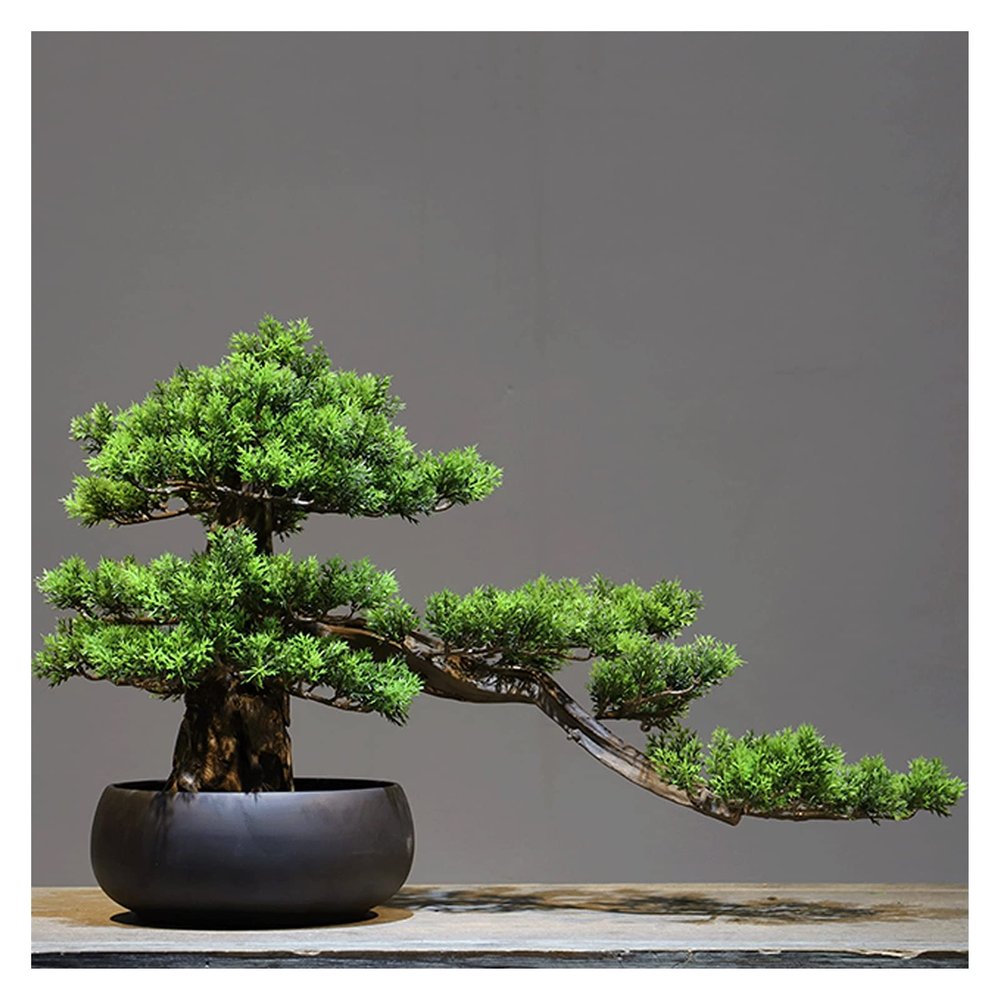 Fake Plants Artificial Welcome Pine Bonsai,13 Inch Zen Micro Landscape OrnamentFake Trees for Conference Room Exhibition Hall Rackwith Cleaning Brush Bonsai Tree