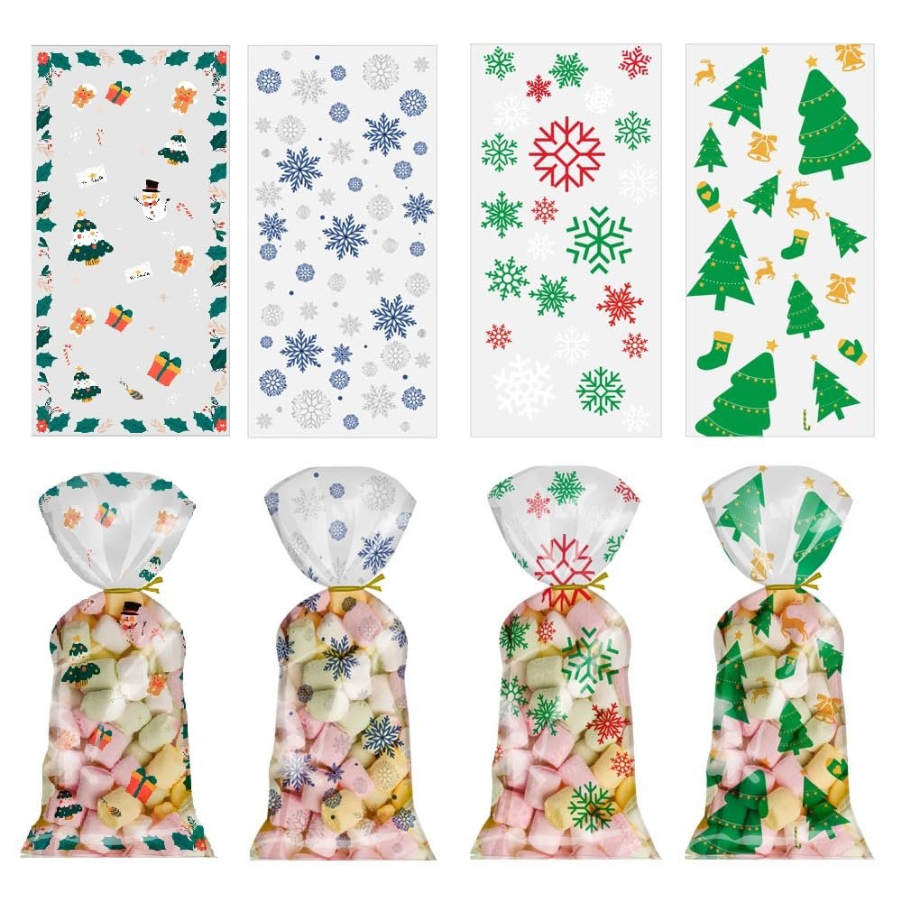 Ai-Fun 100 Packs Holidays Cellophane Bags Plastic Candy Treat Bags Gift Pack Goodie Bag with Twist Ties for Halloween, Christmas, Valentine's Day Party Favors (Christmas)