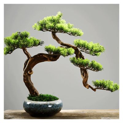 Fake Plants Artificial Bonsai Pine Tree, 19.6 Inch Faux Potted Plant Fake Tree Pot Ornaments Cedar Bonsai Plant for Living Rooms, Tea Roomswith Cleaning Brush Bonsai Tree