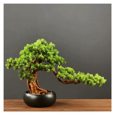 Fake Plants 13 Inches Tall Artificial Pine, A New Chinese Ornamental Fake Tree Potted, for Entrance Living Room Hotel Decorations Faux Plantswith Cleaning Brush Bonsai Tree