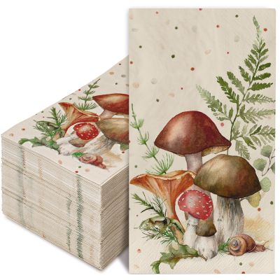 AnyDesign 100 Pack Mushroom Guest Napkins 13 x 15.7 Inch Watercolor Dots Mushroom Leaves Print Paper Dinner Hand Disposable Napkin Towel for Home Kitchen Dining Table Party Decorations Supplies