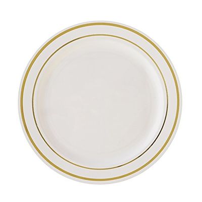 Balsa Circle 30 pcs 8-Inch Ivory with Gold Trim Plastic Round Plates - - Disposable Dishes for Weddings Parties Birthdays Receptions Events Catering Buffet Dinnerware Tableware Decorations