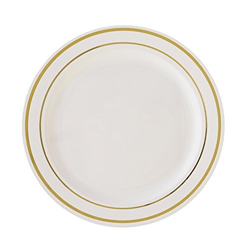 Balsa Circle 30 pcs 8-Inch Ivory with Gold Trim Plastic Round Plates - - Disposable Dishes for Weddings Parties Birthdays Receptions Events Catering Buffet Dinnerware Tableware Decorations