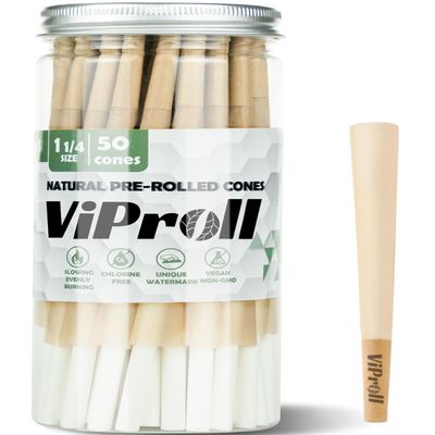 ViProll Pre Rolled Cones 1 1/4 Size 50 Pack, Natural Unbleached Rolling Papers with W-shaped Tips, Slow & Even Burning Preroll Cones, Packing Tubes Included for Party Gift (84mm)