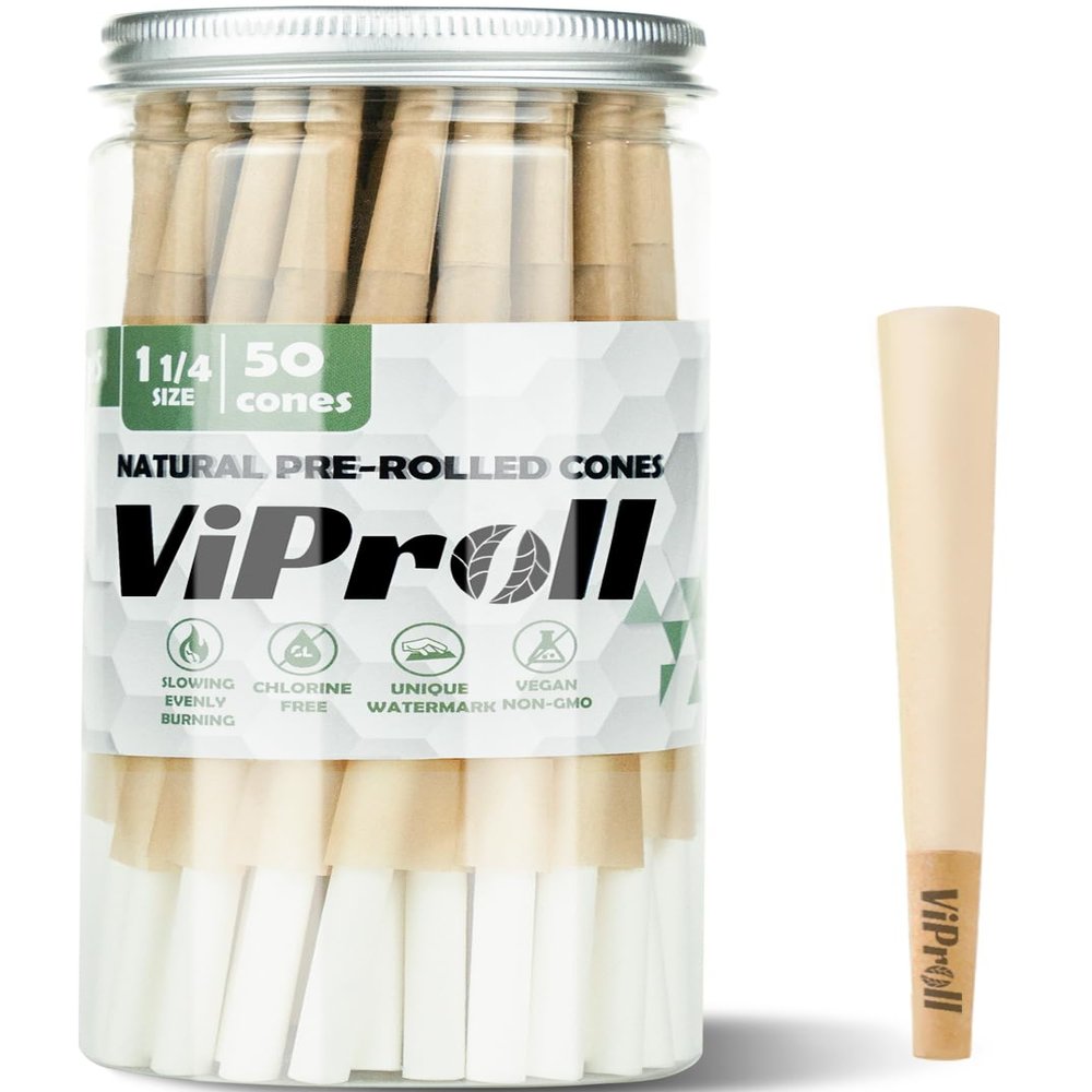 ViProll Pre Rolled Cones 1 1/4 Size 50 Pack, Natural Unbleached Rolling Papers with W-shaped Tips, Slow & Even Burning Preroll Cones, Packing Tubes Included for Party Gift (84mm)